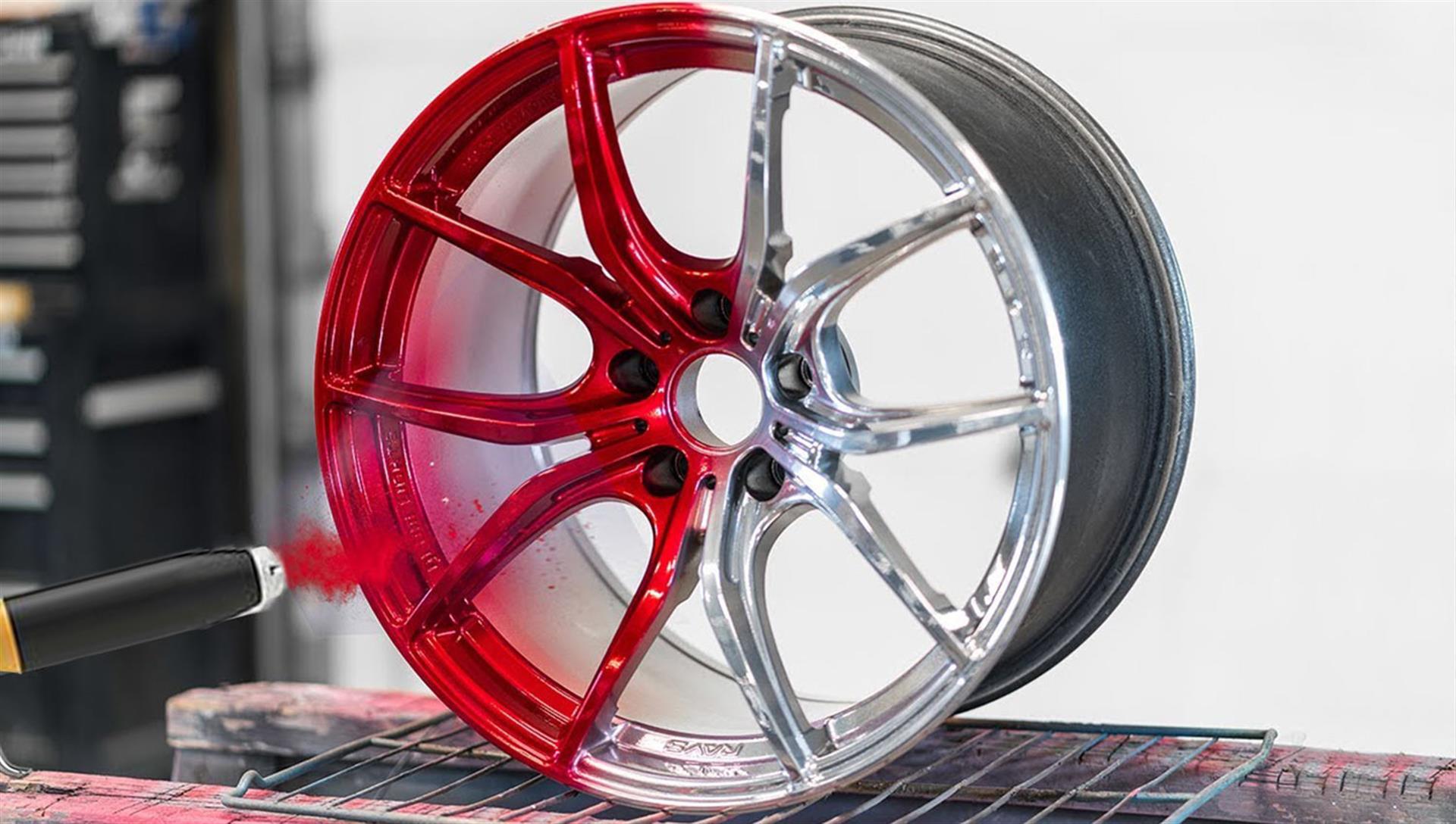 Wheel Powder Coating a wheel from Chrome to Red