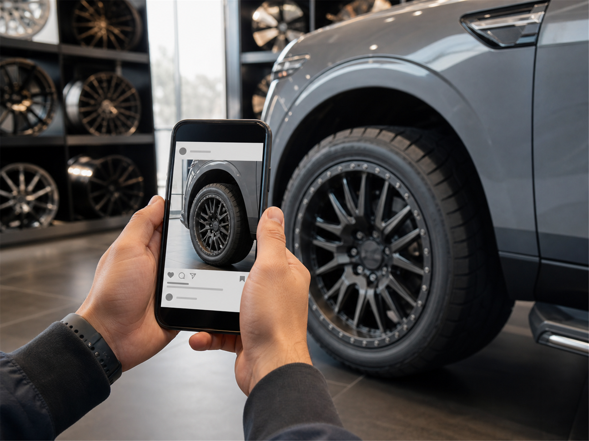 Hands holding a smartphone to photograph a custom wheel and tire in a modern automotive showroom, with a generic social-media interface on screen.