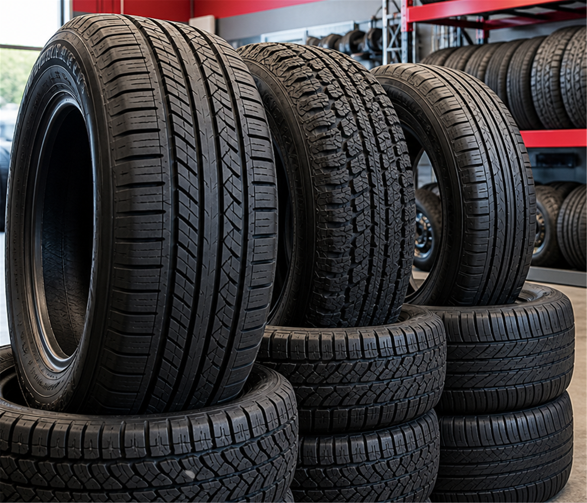 Assorted passenger, all-terrain, and performance tires displayed in a tire shop.