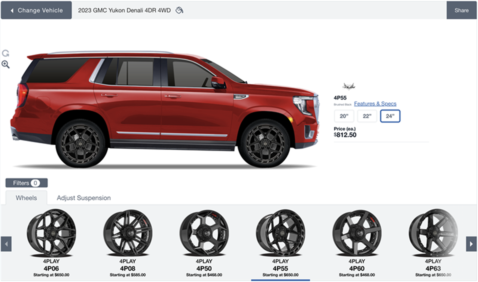 RideStyler Visualizer with red GmC Denali and 4Play wheels