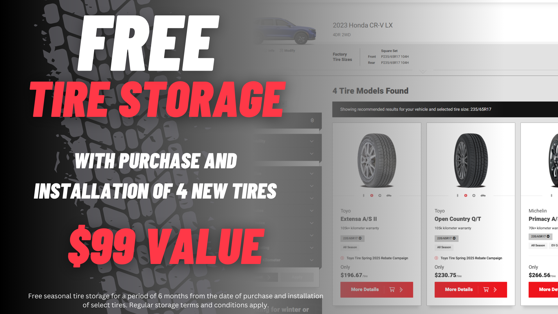 Free tire storage with purchase of 4 new tires