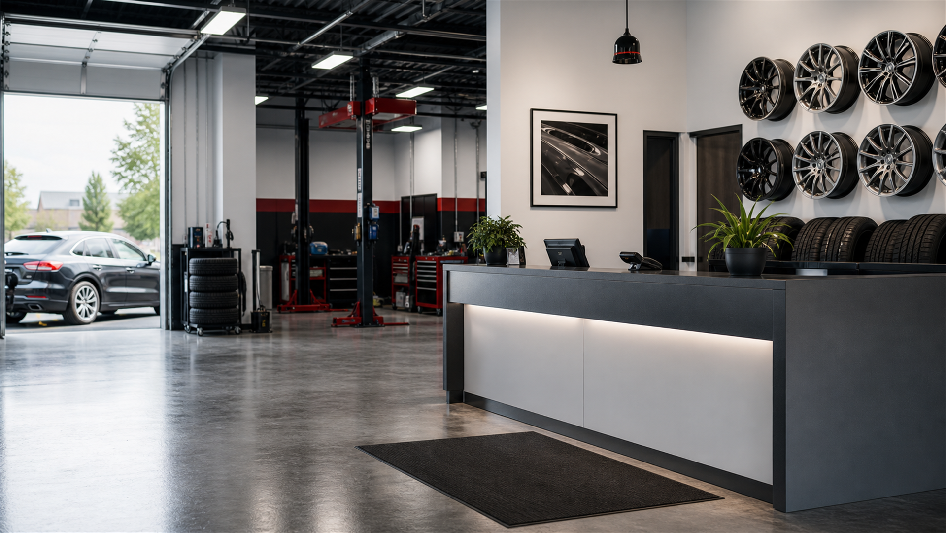 Modern automotive shop reception counter beside an open service bay, with alloy wheels and tires displayed on the wall.