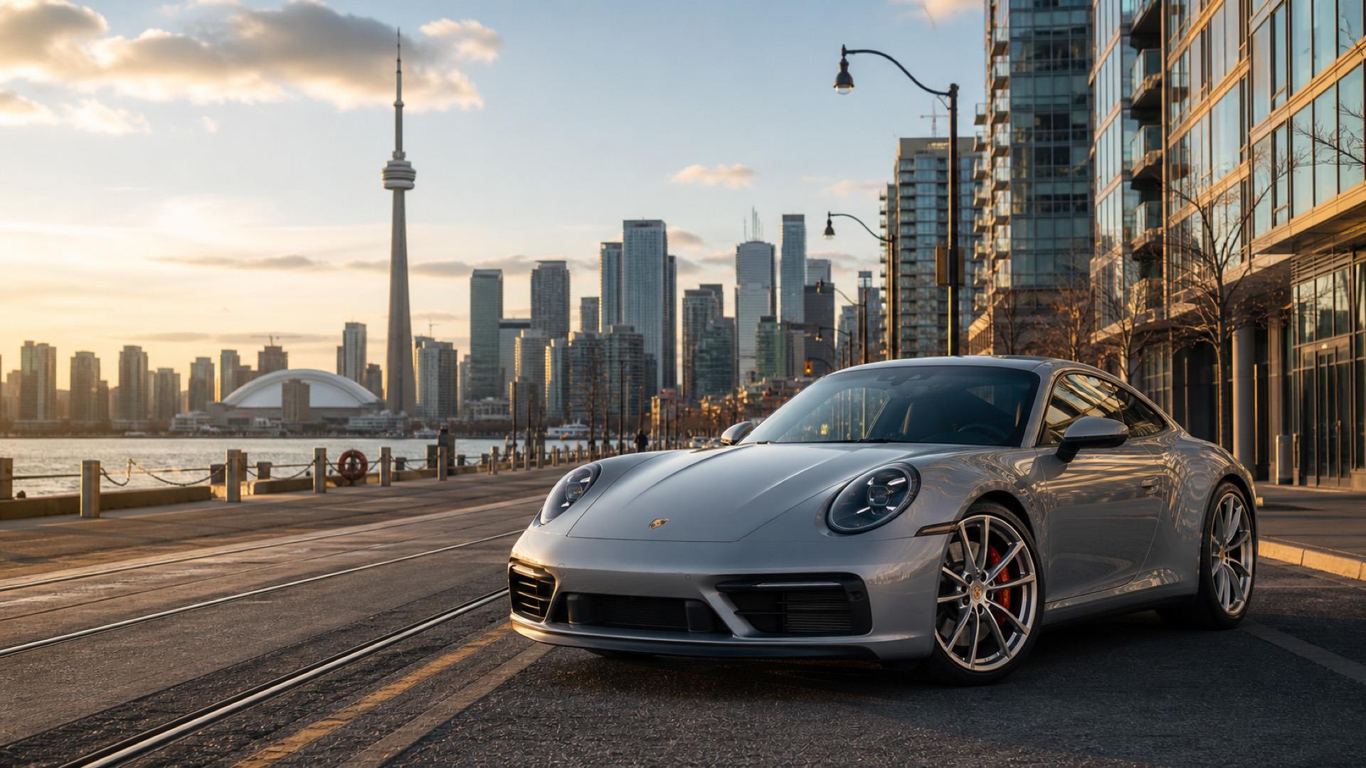 Porsche 911 with custom wheels and Toronto Ontario skyline in the background