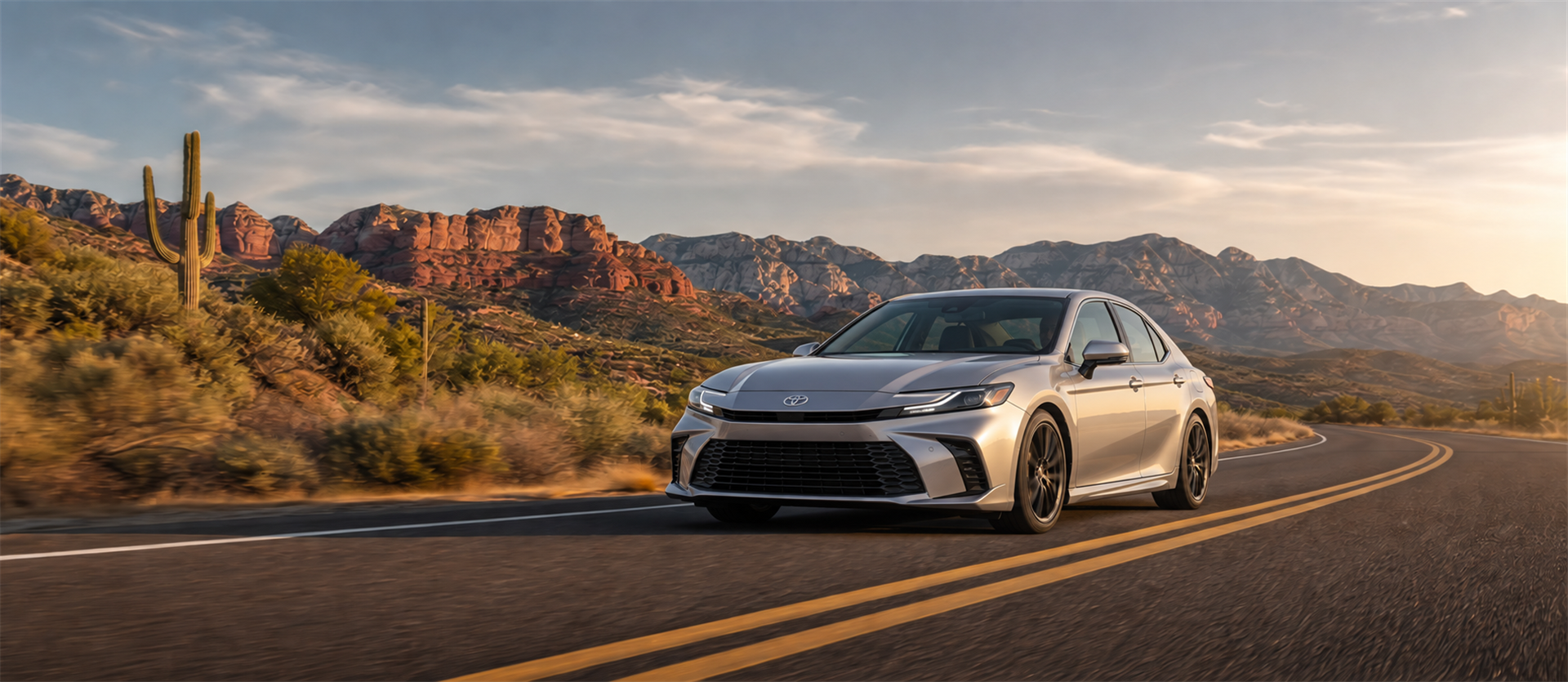 Silver Toyota sedan driving on an Arizona desert highway at golden hour, with saguaro cacti, red-rock mountains, and warm evening light.