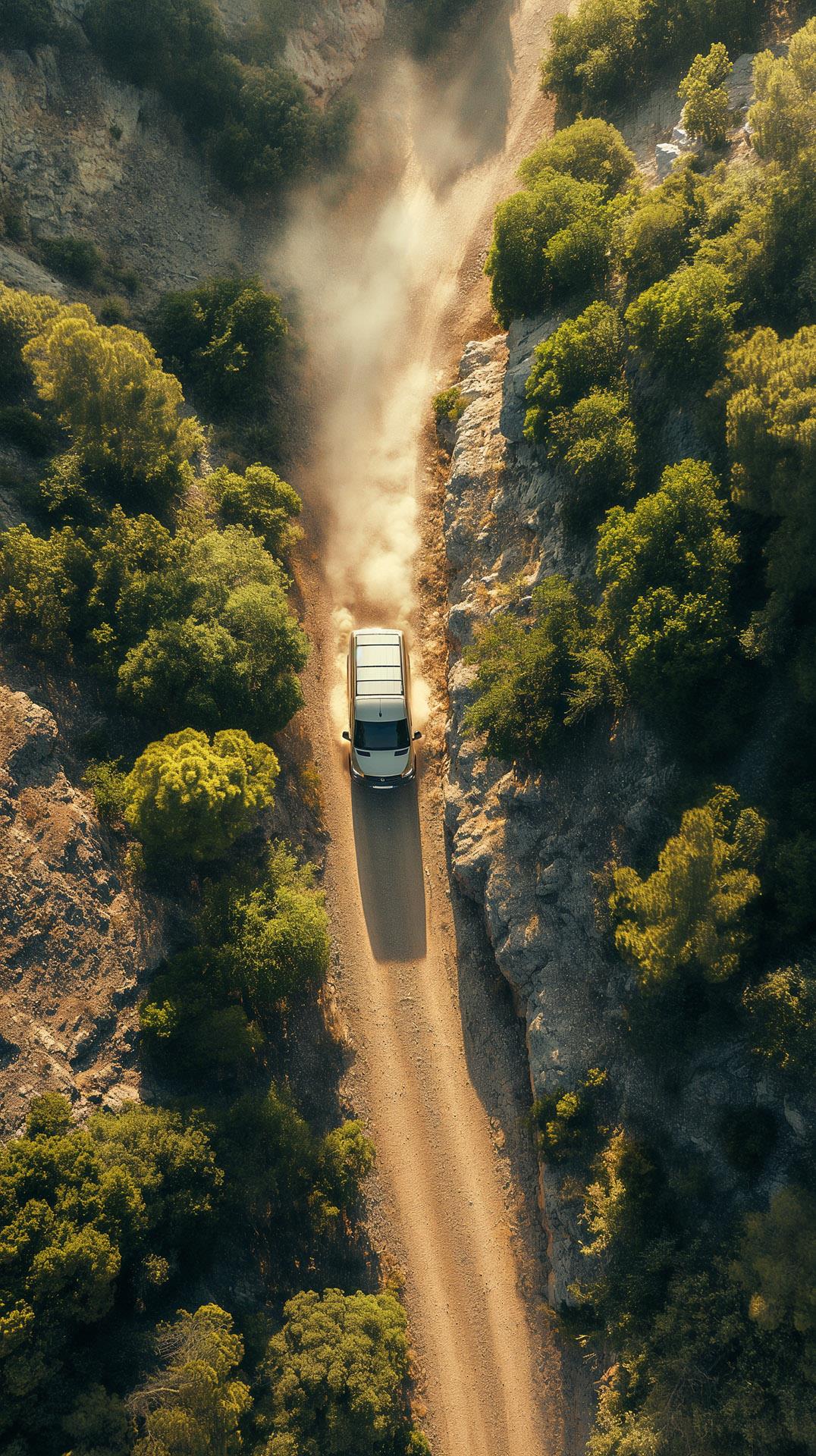 Aerial view of a 4x4 van on a dusty road