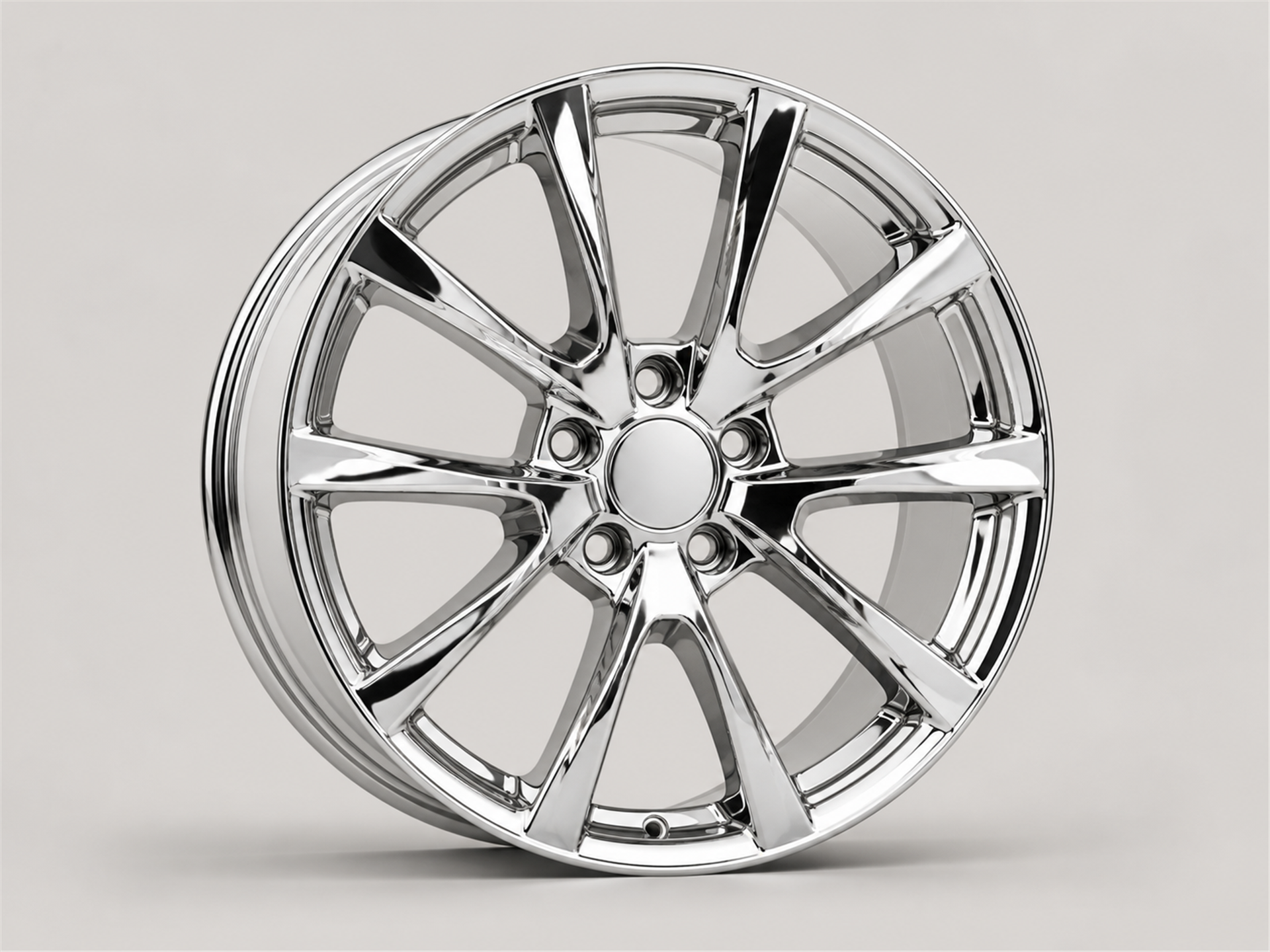 Unbranded mirror chrome automotive wheel shown as a standalone studio product image on a light gray background.