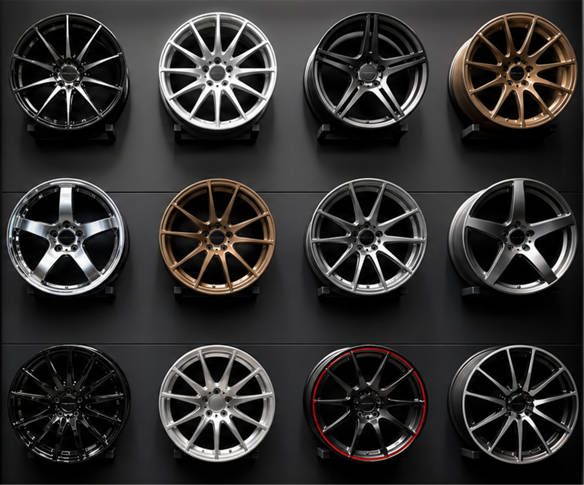 Twelve alloy wheels in black, silver, bronze, and machined finishes displayed on a dark wall.