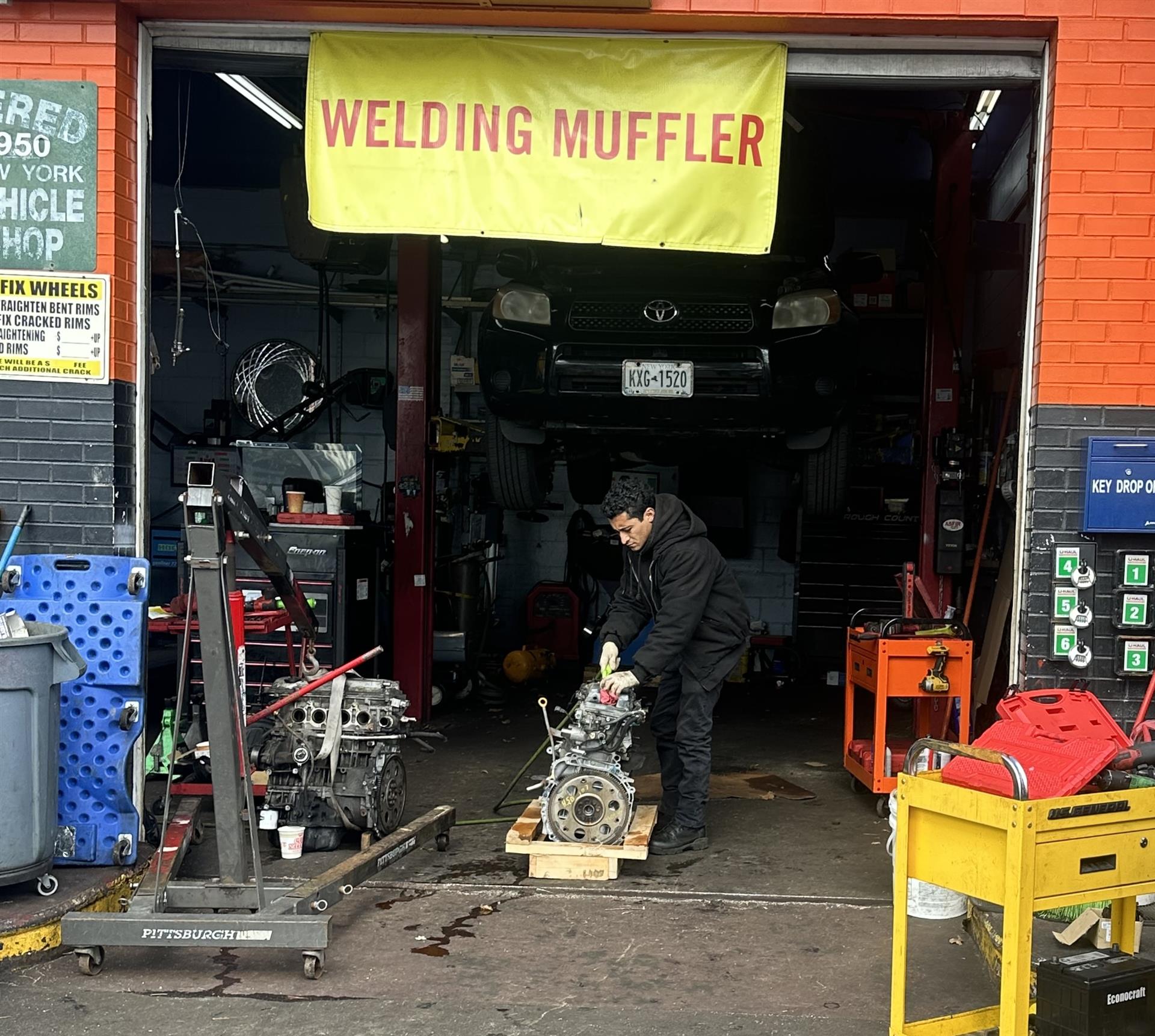 Red BMW in parking garage 