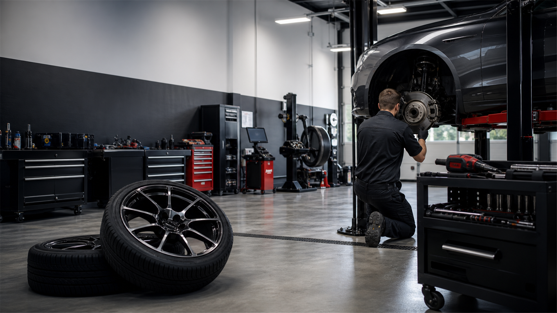 Automotive technician servicing a vehicle on a lift in a clean modern workshop, with wheels, tires, tools, and balancing equipment nearby.