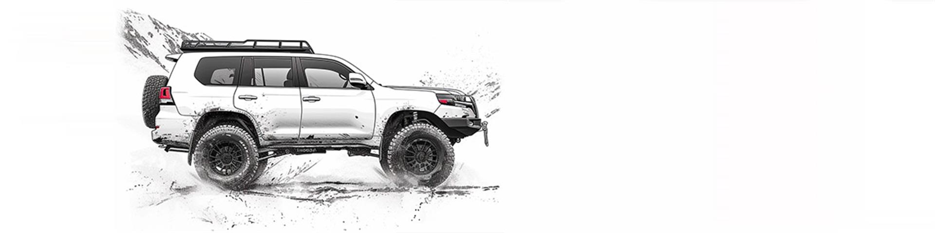 Black and white drawing of a lifted 4x4 Toyota