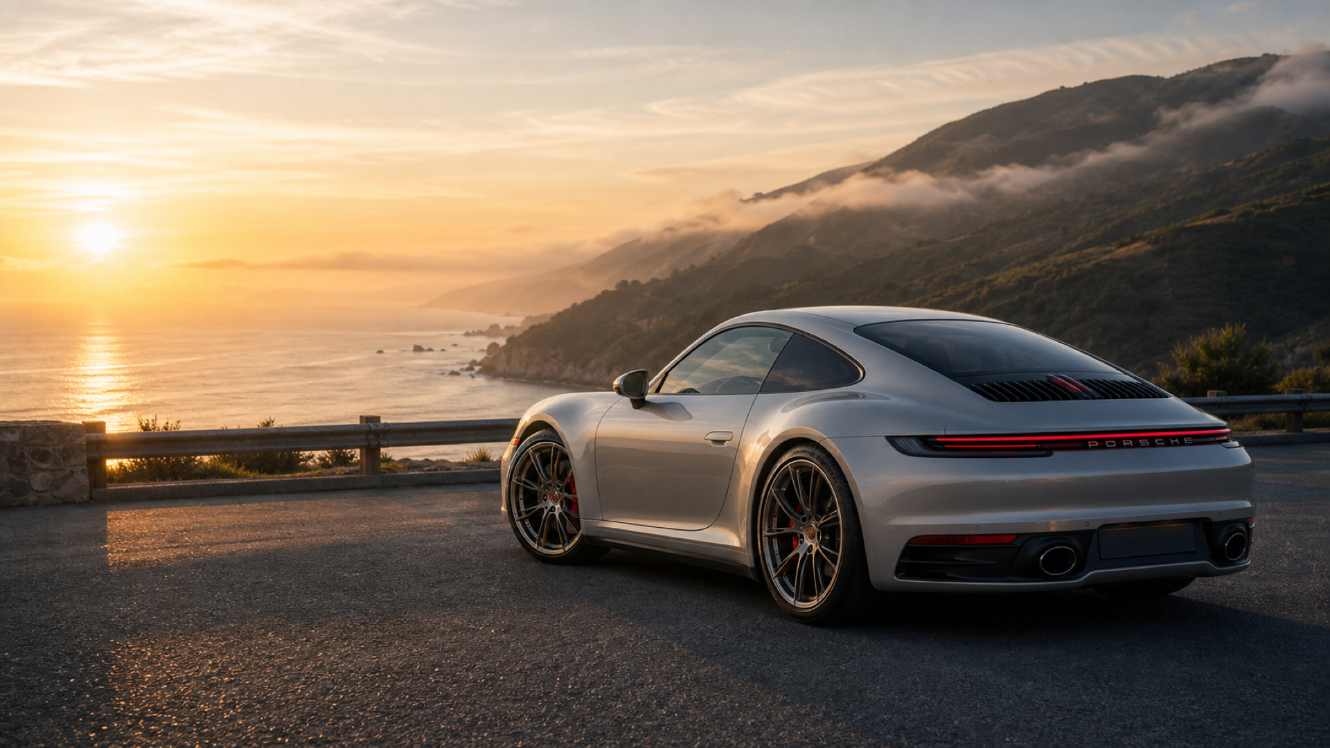 Silver Porsche sports car parked on a coastal road at sunset, with the ocean and misty mountains in the background.