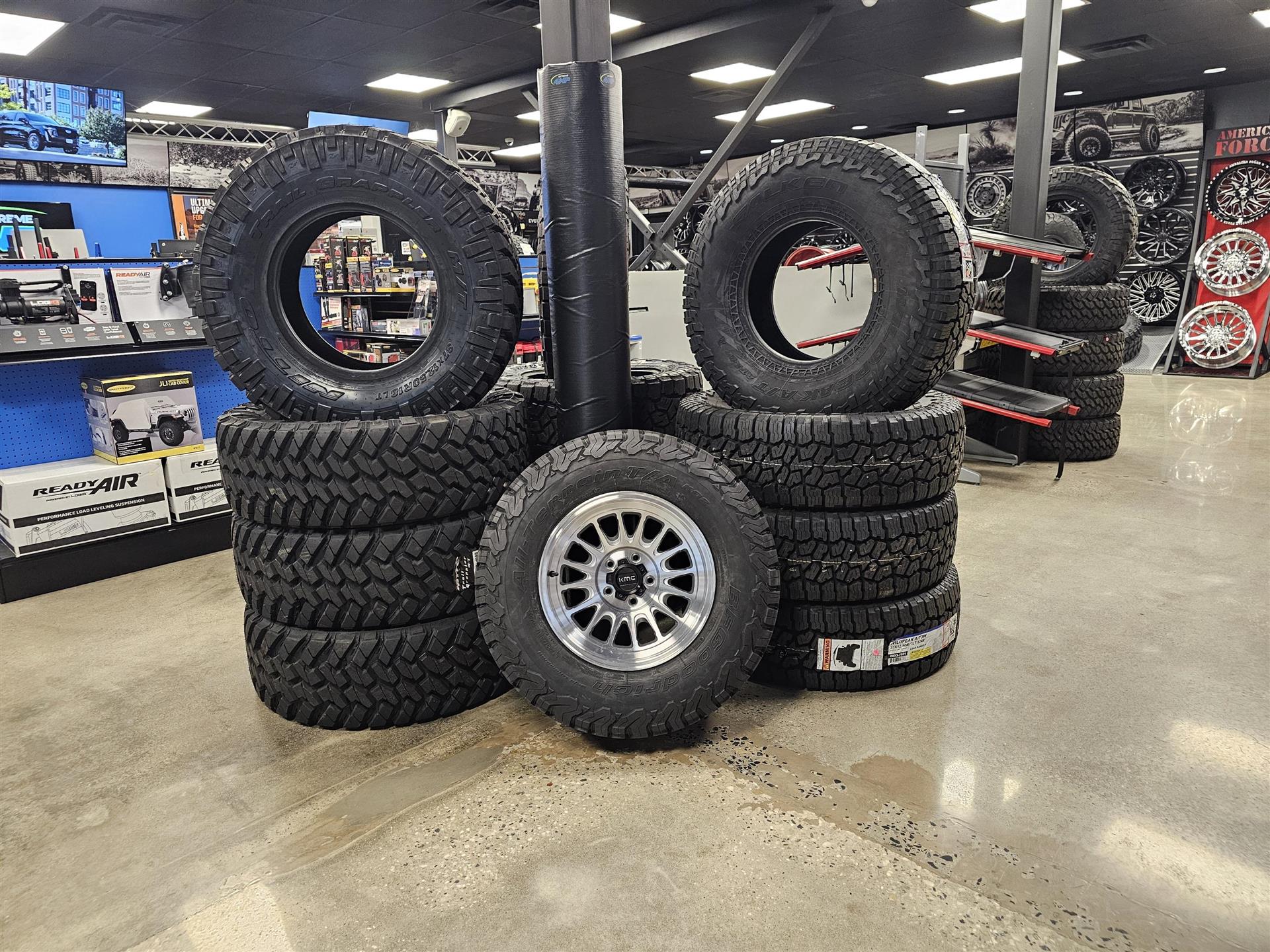 Stacks of tires inside Towson store