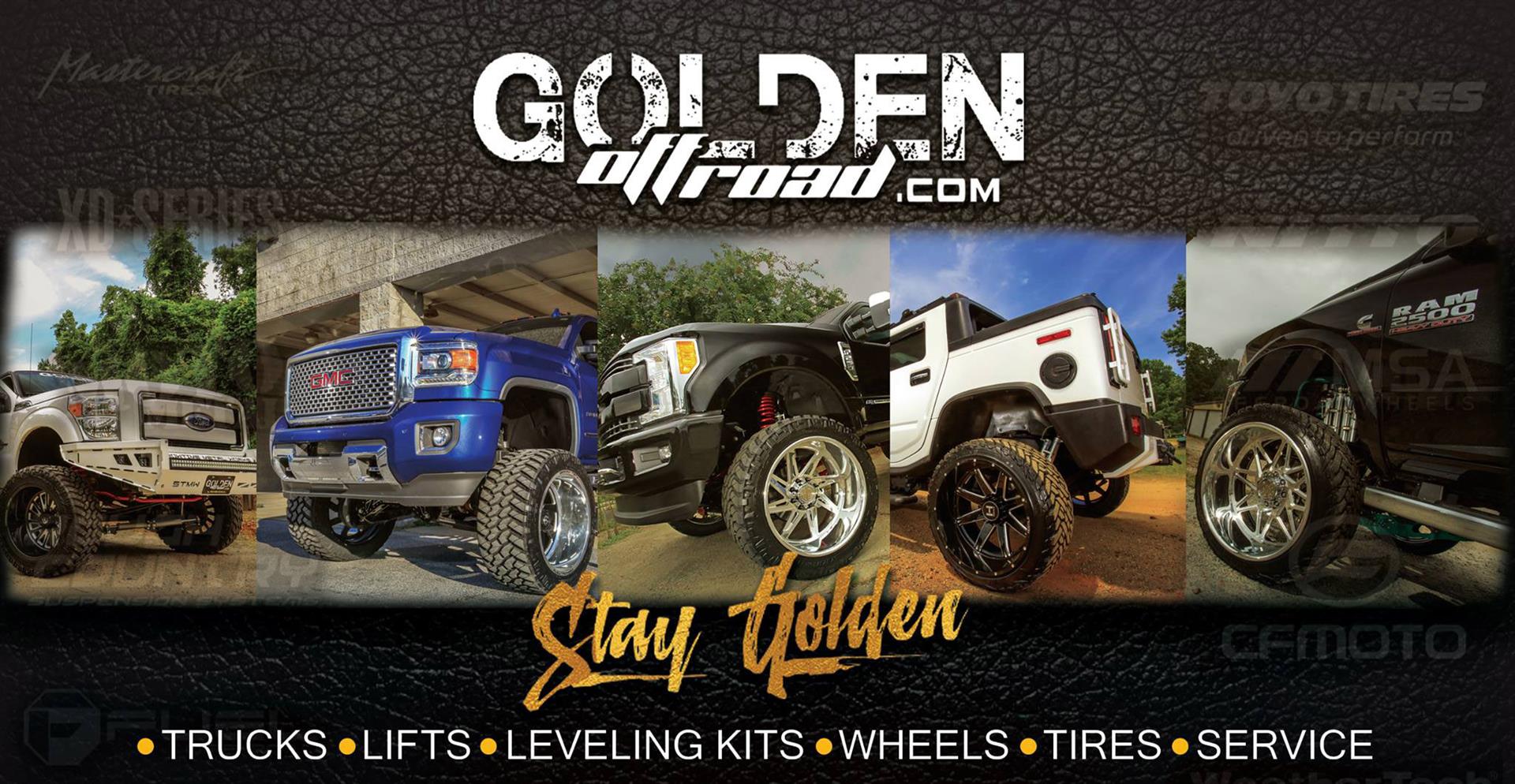 Golden Offroad vehicle collage, trucks, lifts, leveling kits, wheels, tires, service